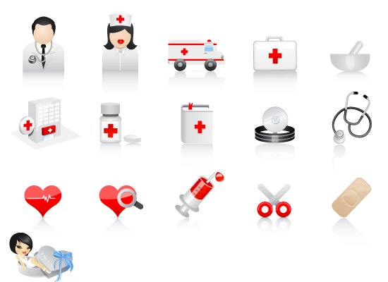 Ambulance, medicine containers, syringes, bottles, wound paste, stethoscope
