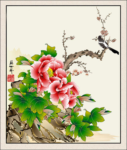 Peony Flower Painting Vector magpie