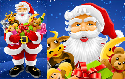 Santa Claus, teddy bear, toy cattle, champagne, gifts, Christmas hat